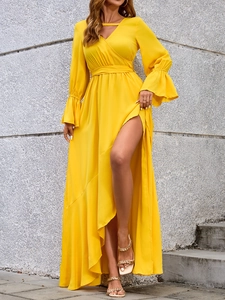 Elegante Vestito da Sera a Maniche Lunghe con Scollo a V e Spacco Alto Giallo Manica a Campana Maxi Vestito da Festa Donna