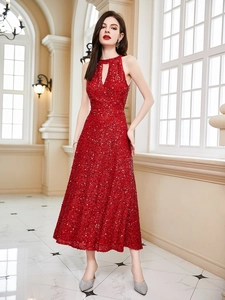 Elegant red sequin halter maxi dress with cutout neckline and slim fit for formal evening