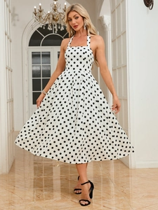 Vintage White Polka Dot Halter Dress For Women Elegant A-Line Midi Sun Dress Backless Bow Summer Sleeveless Party Event Vestido