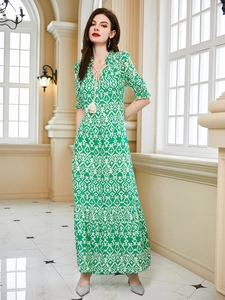 Abito lungo stile francese con scollo a V, stampa boho verde e coulisse con nappe