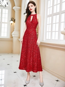 Elegant red sequin halter dress with cutout detail, stunning backless evening gown style