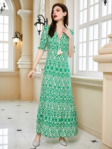 Abito Maxi Donna Boho Scollo a V Stampa Geometrica Con Laccio Nappine Elegante Mezza Manica a Sbuffo a Balze Estivo Spiaggia Vacanza Abito Lungo