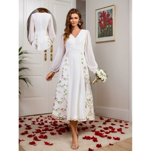 Elegantes Weißes V-Ausschnitt Blumen Besticktes Langarm Midi Kleid Chiffon Laternenärmel Schlanke Passform Bankett Party Abendkleid