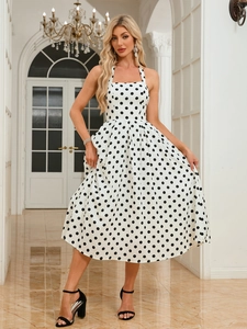 Vintage sleeveless halter neck polka dot midi dress with A-line waist for summer women