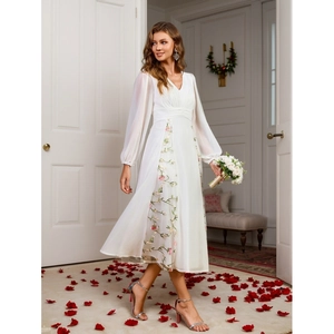 Elegantes weißes V-Ausschnitt Langarmkleid mit Blumenstickerei für formelle Partys