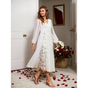 Elegantes weißes V-Ausschnitt Langarmkleid mit Blumenstickerei für Abendpartys