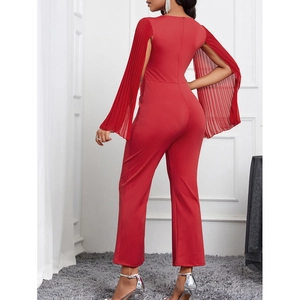 Elegant red cape sleeve jumpsuit for women with a sleek back view and straight-leg fit