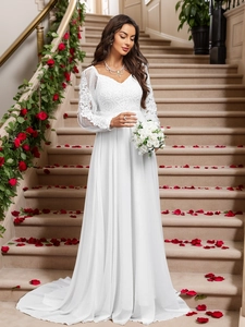 Robe de mariée élégante en dentelle blanche à manches longues et jupe en mousseline