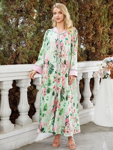 Vintage Floral Print Kaftan Maxi Dress For Women Summer Long Sleeve V Neck Loose Holiday Robe With Satin Splicing Contrast Trim