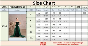 Detailed size chart for the sequin evening gown with bust, waist, and length measurements