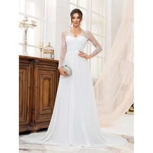 Elegant white lace wedding gown with V-neck long sleeves and chiffon A-line trail