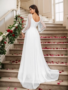 Robe de mariée élégante en dentelle blanche à manches longues avec dos ouvert