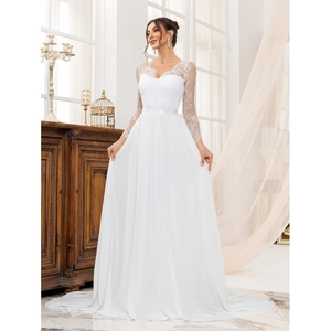 Elegant white long sleeve lace wedding dress with V-neck and flowing chiffon skirt floor length