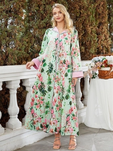 Elegant mint green floral kaftan maxi dress with pink satin trim and loose fit style