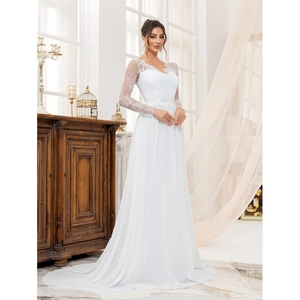 Elegant white V-neck lace wedding dress with long sleeves and a flowing A-line chiffon skirt