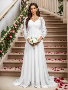 Robe de mariée élégante en dentelle blanche avec manches lanternes et jupe trapèze fluide