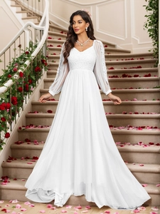 Robe de Mariée Élégante en Dentelle et Mousseline Blanche Col en V Manches Lanternes Longues Broderie Dos Nu Robe de Soirée de Mariage