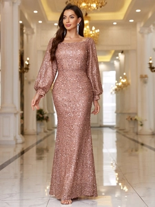 Elegant Rose Gold Sequin Evening Gown Square Neck Puff Long Sleeve Mermaid Floor Length Wedding Party Maxi Dress For Women