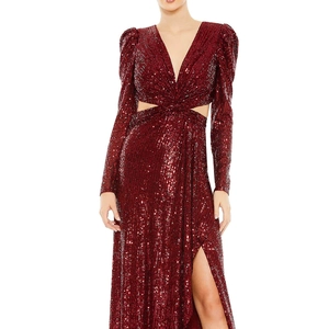 Detail of sequined burgundy evening gown featuring a deep V-neck and waist cutout design