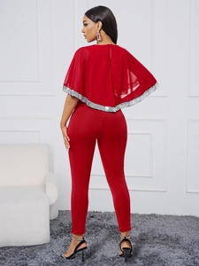 Combinaison Élégante Rouge pour Femmes Design Capelet Avec Bordure en Paillettes Coupe Ajustée pour Fêtes Soirées Banquets