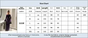 Detailed size chart for the off-shoulder purple evening gown with split hem measurements