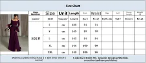 Size guide table for elegant off-shoulder evening gown with long sleeves and pleated detail
