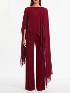 Elegant wine red chiffon cape top and high waisted wide leg trousers set for women