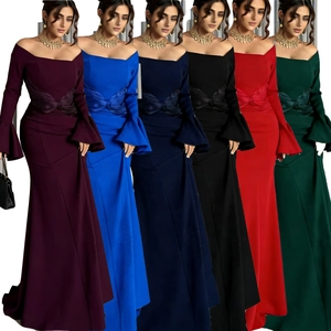 Collage of six long sleeve off-the-shoulder evening gowns in various vibrant colors