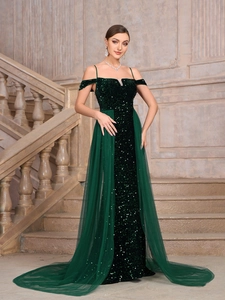 Elegant dark green sequined evening gown with off-shoulder straps and mesh tail