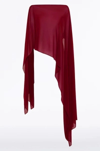 Detail of burgundy sheer chiffon cape showing lightweight fabric and elegant draping texture