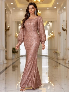 Elegant rose gold sequin evening gown with square neck and puffed long sleeves