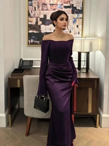 Elegant Off Shoulder Long Sleeve Satin Evening Gown Ruched Waist Floor Length Wedding Guest Dress Formal Party Maxi Gown