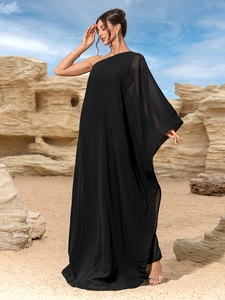 Elegant black one-shoulder sleeveless maxi dress with flowing A-line silhouette for summer