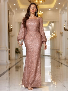 Sparkly rose gold mermaid evening gown with square neck and sequin puff sleeves