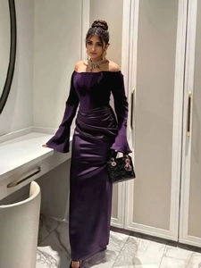 Deep purple off-the-shoulder evening gown with flare sleeves and slit satin hemline