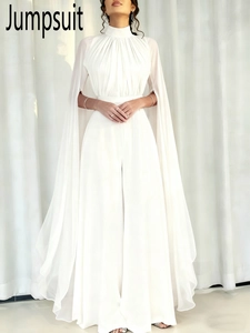 Elegant white wide-leg jumpsuit with high neck, pleated bodice and draped cape sleeves