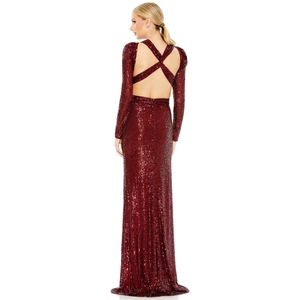 Elegant burgundy sequin evening gown with long sleeves and cross-strap open back detail