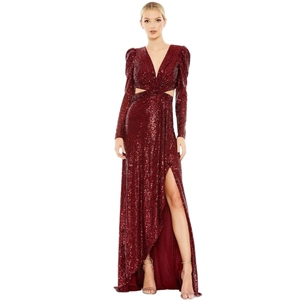 Sparkly burgundy sequins evening dress with deep V-neck, waist cut-outs and a high slit