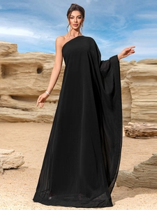 Elegant black one-shoulder maxi dress with flowy bohemian style for summer vacations