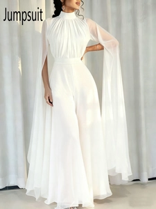 Elegant white chiffon jumpsuit with high neck, pleated bodice and long sheer cape sleeves