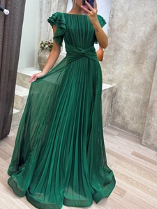 Elegant Dark Green Chiffon Pleated Maxi Dress Flutter Sleeve Twist Waist Evening Party Women A-Line Long Formal Gown