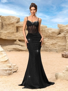 Élégante Robe de Soirée Sirène Noire Strass Bretelles Spaghetti Corset Maille Pailletée Robe Longue de Fête pour Femme