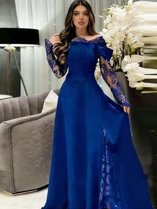 Elegant deep blue lace long sleeve evening gown with an off-shoulder A-line floor-length silhouette