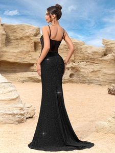 Robe de soirée élégante noire à paillettes avec col en V, dos nu et coupe sirène pour fête