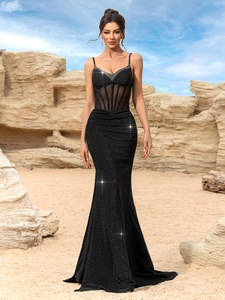 Robe de soirée sirène élégante dos nu avec col en V en mousseline noire à paillettes