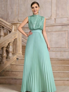 Mint green sleeveless sequins evening gown with high neck and pleated floor length skirt