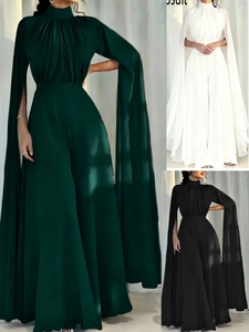 Elegant Women Cape Sleeve Jumpsuit Pleated Mock Neck Wide Leg Pant Romper Suit For Wedding Party Banquet Formal Evening