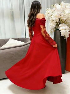 Detailed view of elegant wine red lace sleeves and satin A-line evening dress gown back