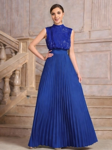 Royal blue sleeveless sequin evening gown with pleated skirt and high-waist band