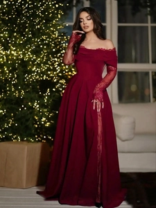 Robe de Soirée Élégante Épaules Dénudées Manches Longues en Dentelle Pour Femmes Banquet Formel Robe Maxi en Spandex
